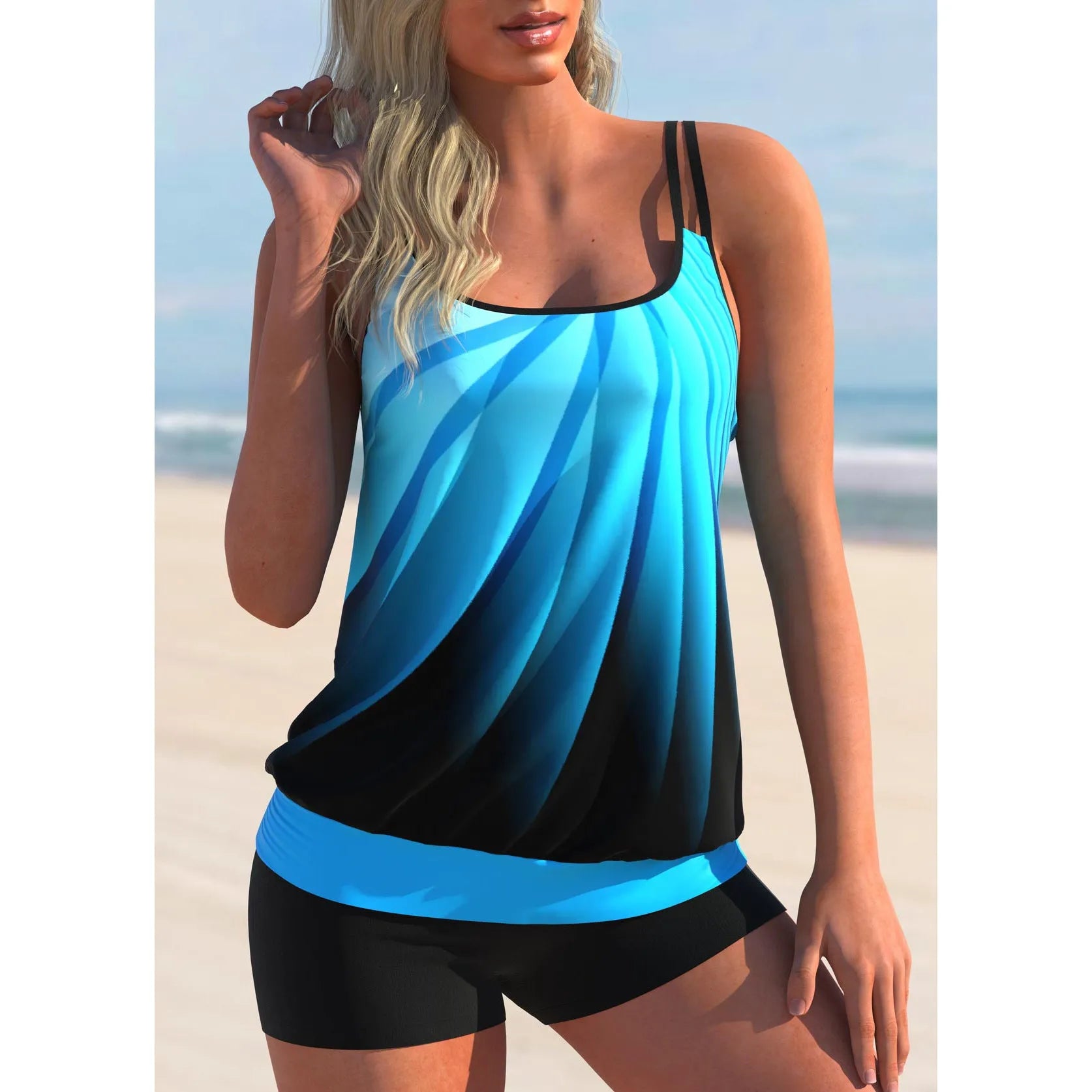 Women's plus size butterfly print swimsuit set with strap top and matching shorts