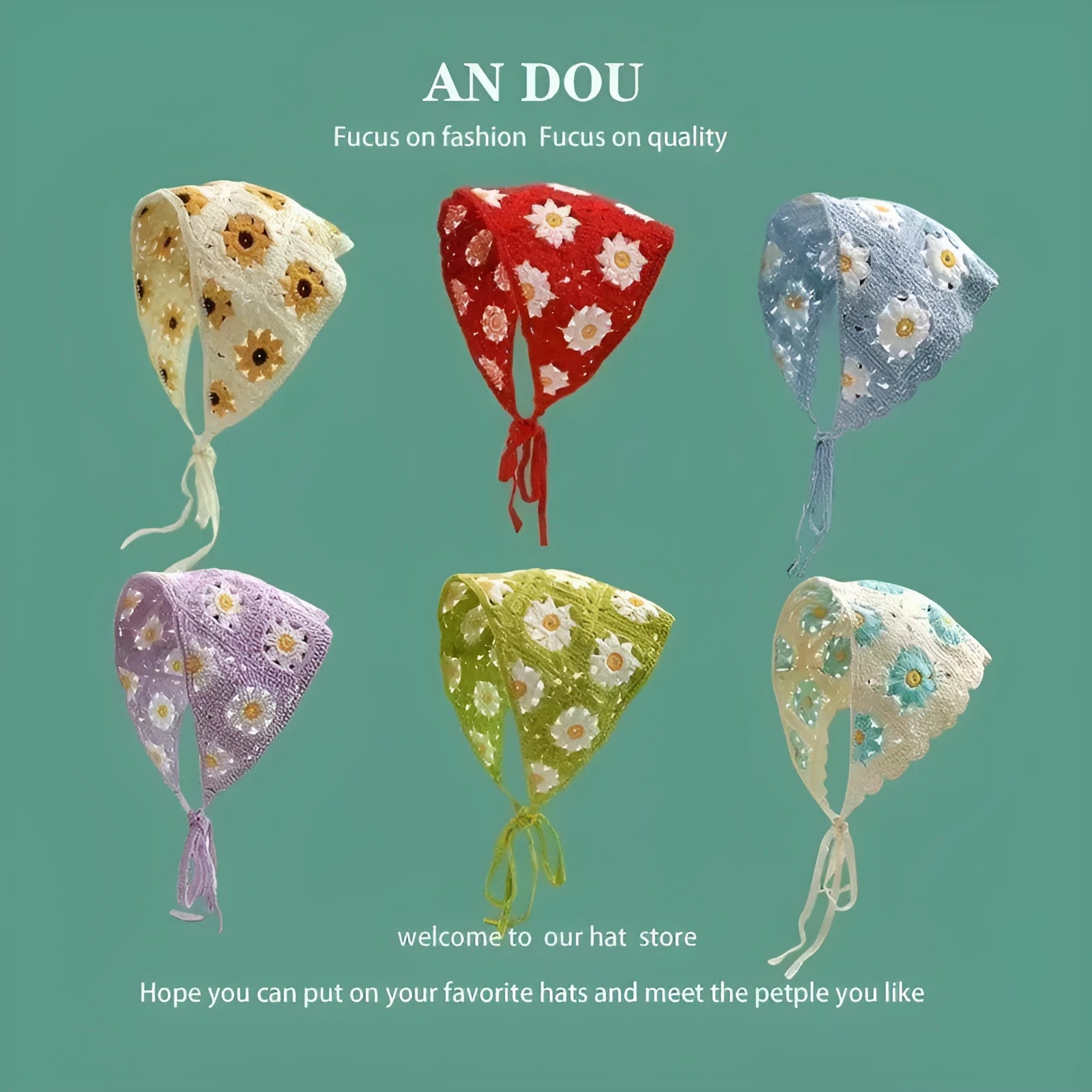 Women's cotton triangular headscarf with retro French floral pattern in multiple colour options