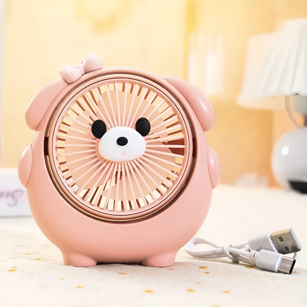 Dog-themed USB desktop electric fan showing dog design elements with three speed settings