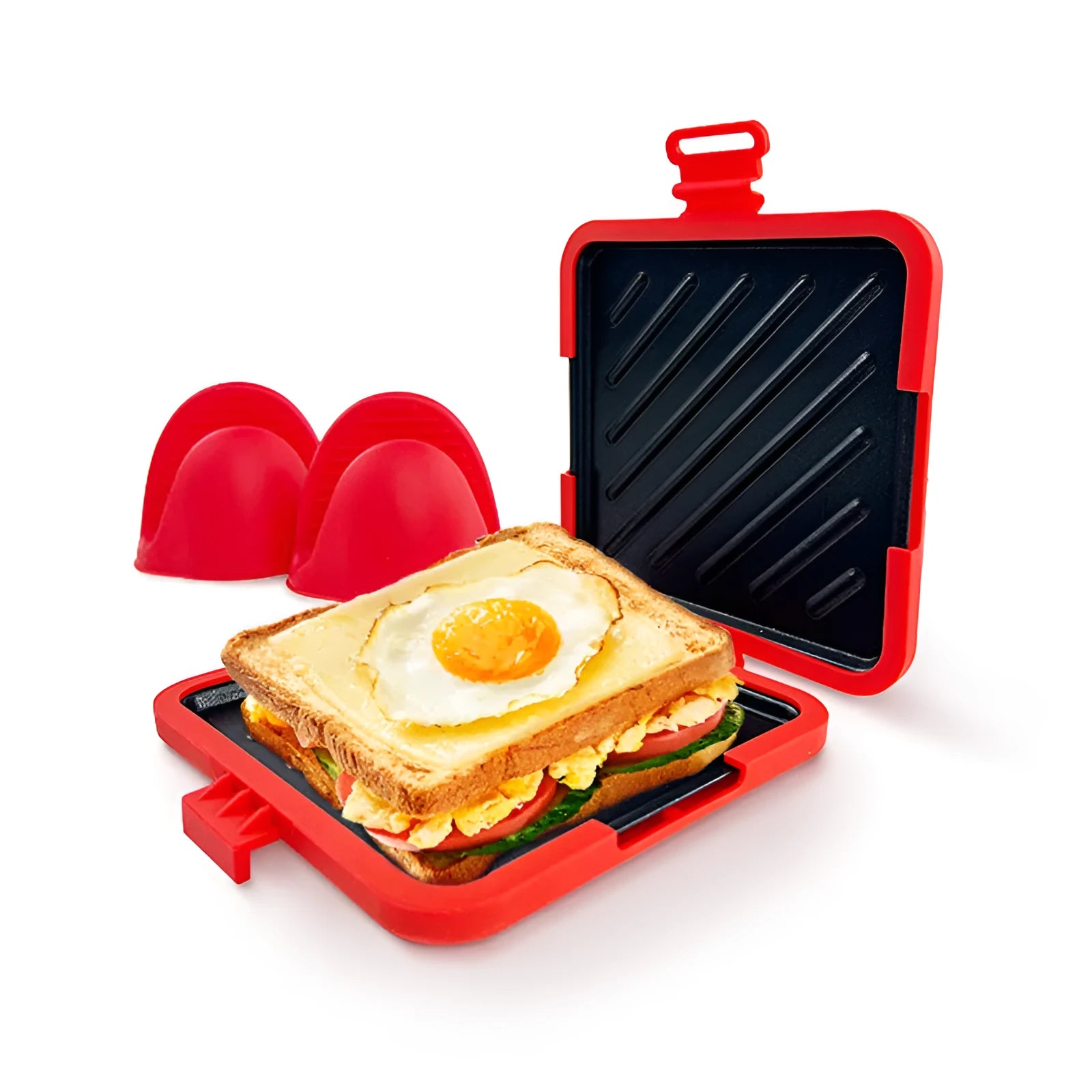 Red silicone baking tray with matching oven gloves set on kitchen counter