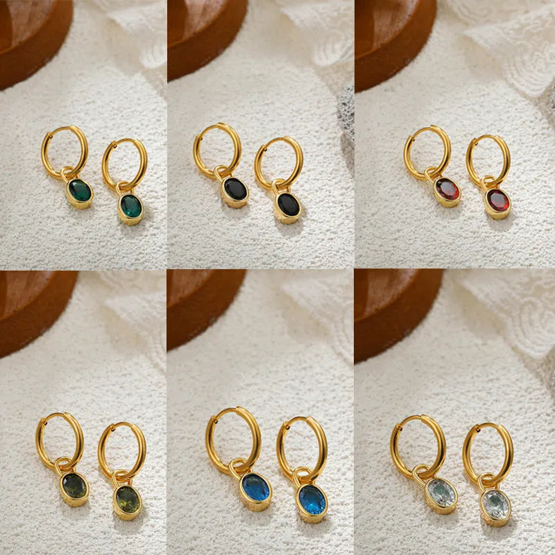 Women's copper retro earrings with oval zircon in ellipse design showing six colour options