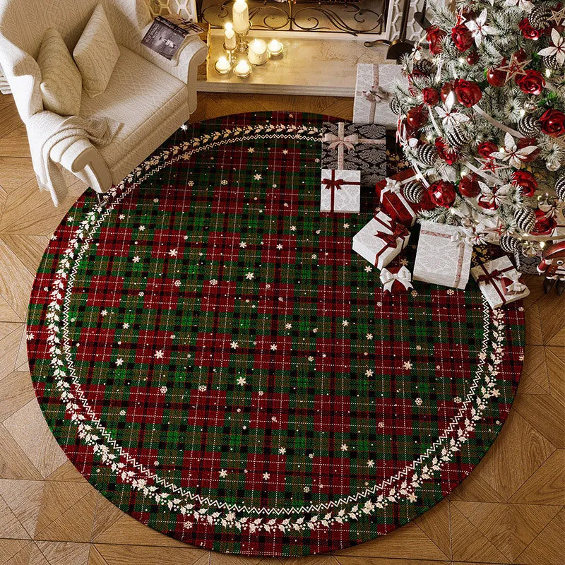 Round red Christmas polyester floor carpet with festive design and non-slip base