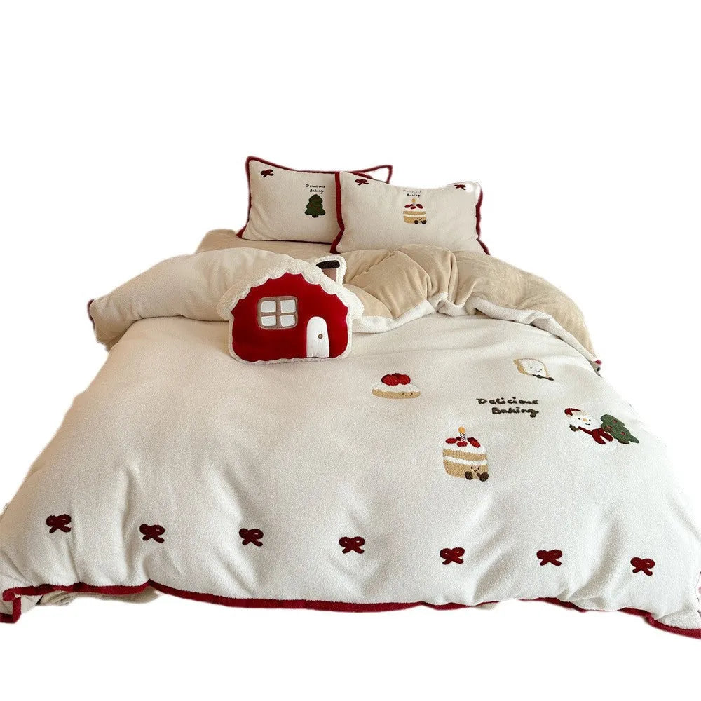 Girls cartoon winter Christmas themed bedding four-piece set showing Snow Buddy Milk Pastry print on duvet cover and pillowcases.