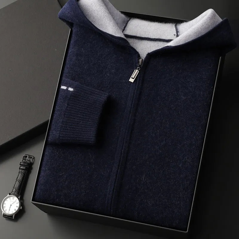 Men's dark blue cashmere cardigan sweater with half-high collar and full-length zipper