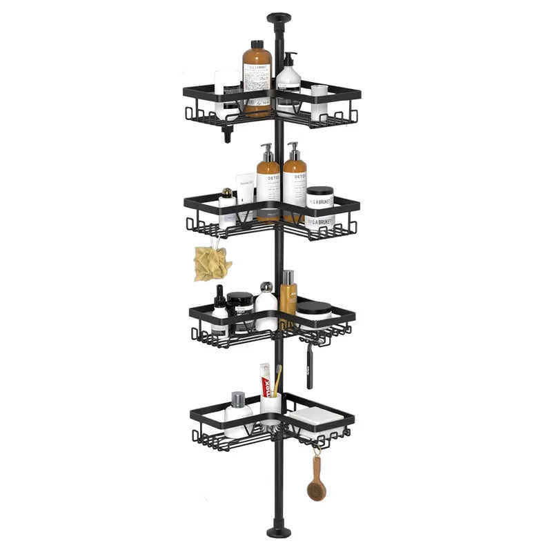 Four-layer stainless steel bathroom storage rack with retractable design and hole-free installation