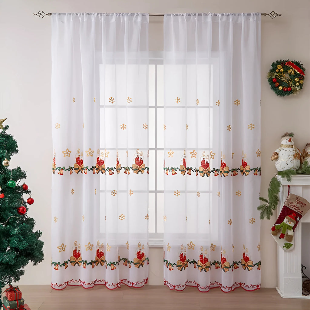 American Christmas curtain with white snowflake embroidery on red fabric, hanging as a pair.