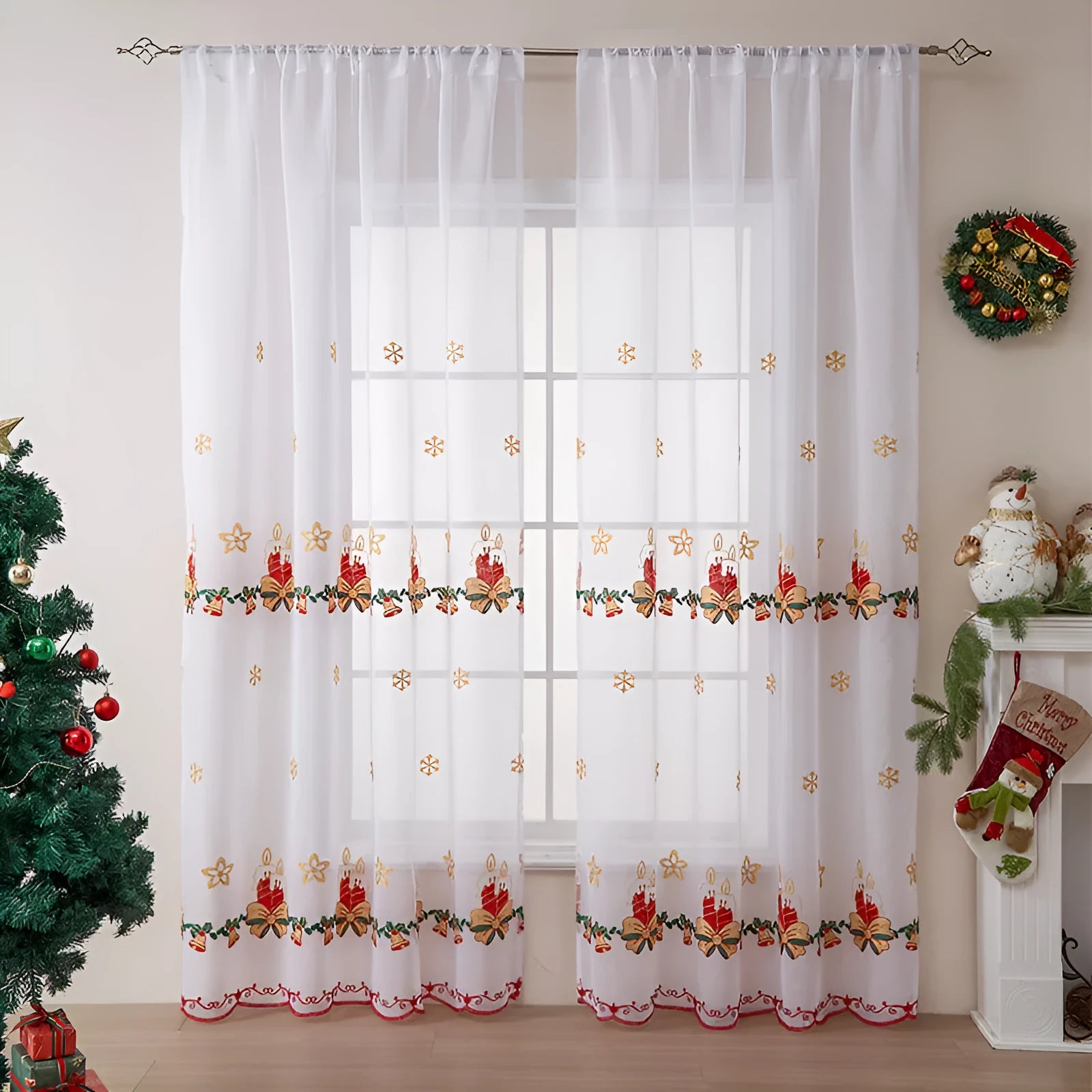American Christmas curtain with white snowflake embroidery on red fabric, hanging as a pair.