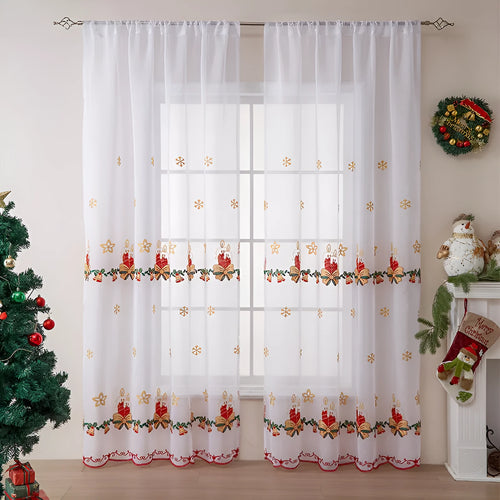 American Christmas curtain with white snowflake embroidery on red fabric, hanging as a pair.