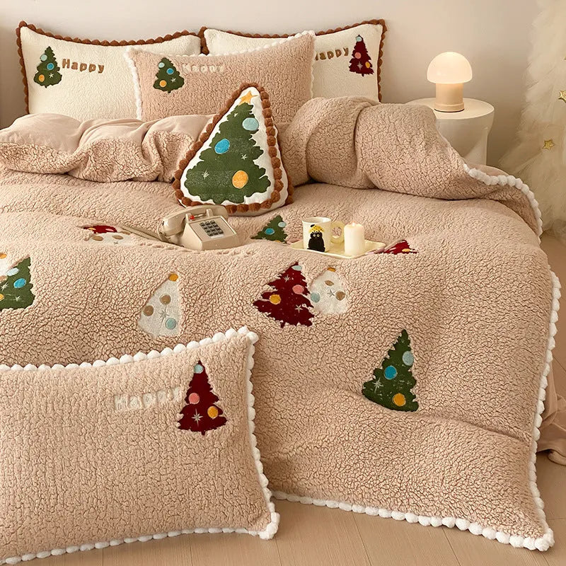 Bright yellow four-piece bedding set with embroidered cartoon winter Christmas tree pattern