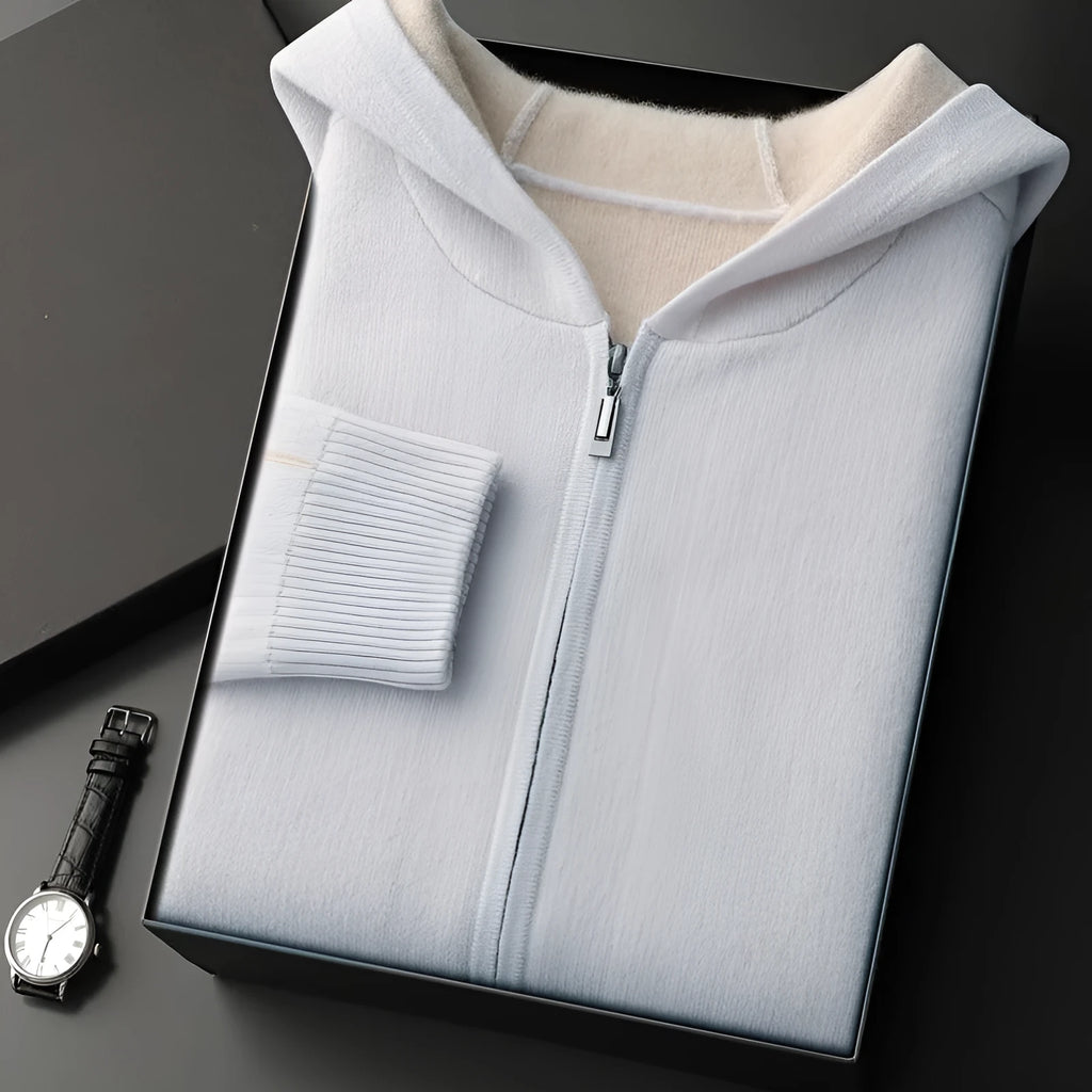 Men's dark blue cashmere cardigan sweater with half-high collar and full-length zipper