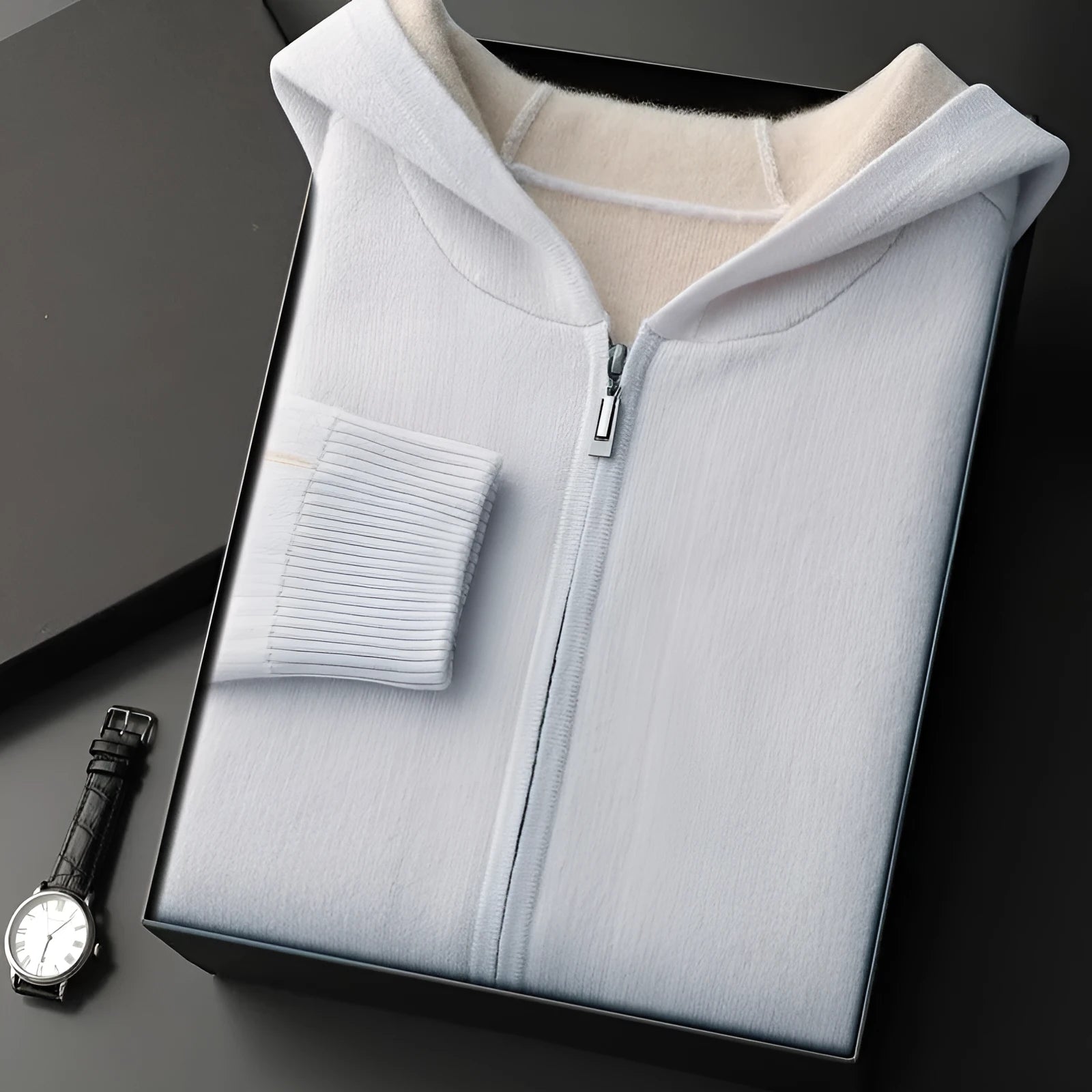 Men's dark blue cashmere cardigan sweater with half-high collar and full-length zipper