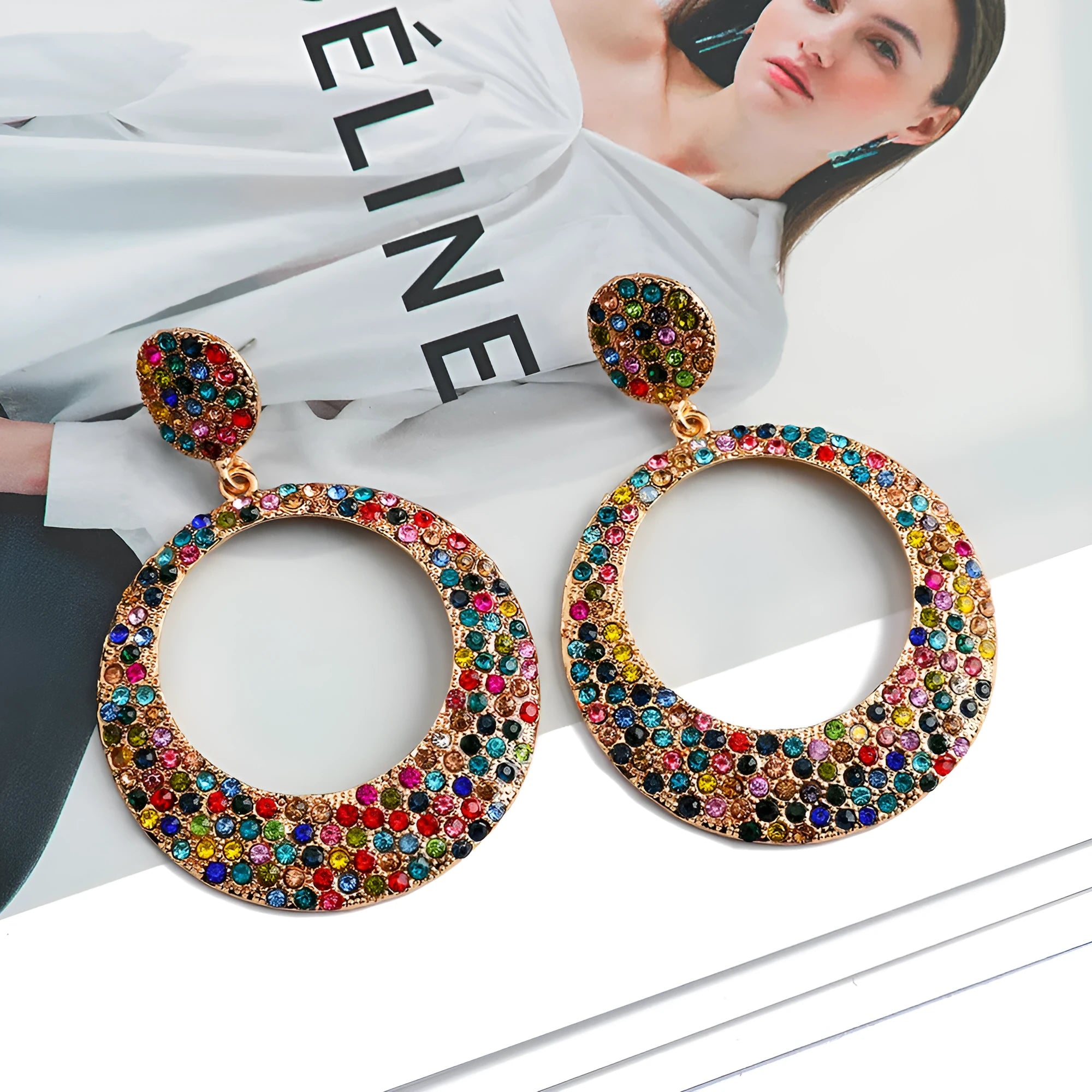 Women's metal alloy cartoon-style large pendant earrings with colourful diamond accents measuring 4-5cm