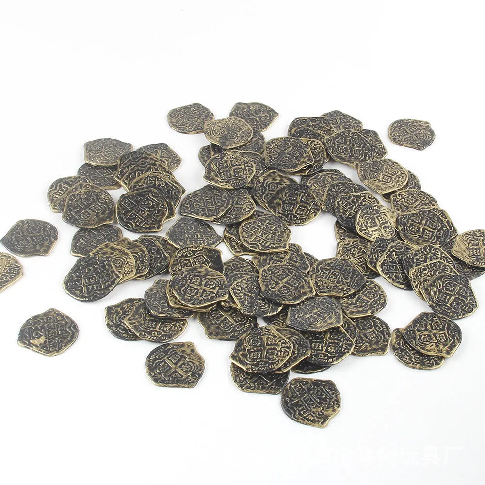 100 electroplated plastic Roman coin replicas in gold, silver, and bronze finishes for treasure chests and costumes.
