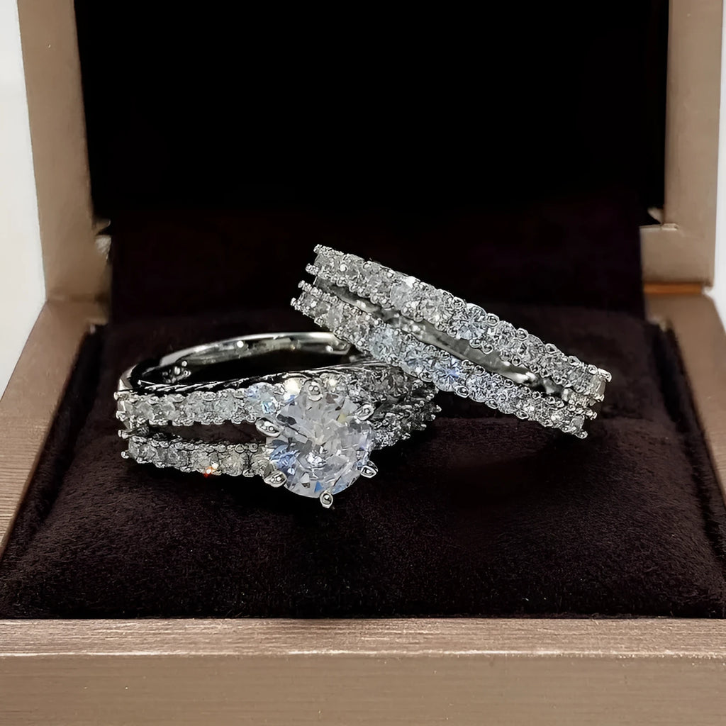 Two-piece fully jewelled female alloy ring set in geometric shapes, shown in gold, rose gold, and silver colour options.
