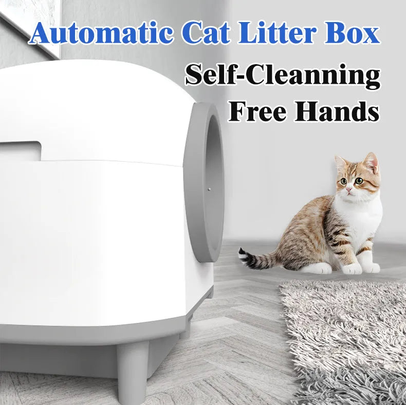 White automatic enclosed cat litter box with ABS plastic construction.