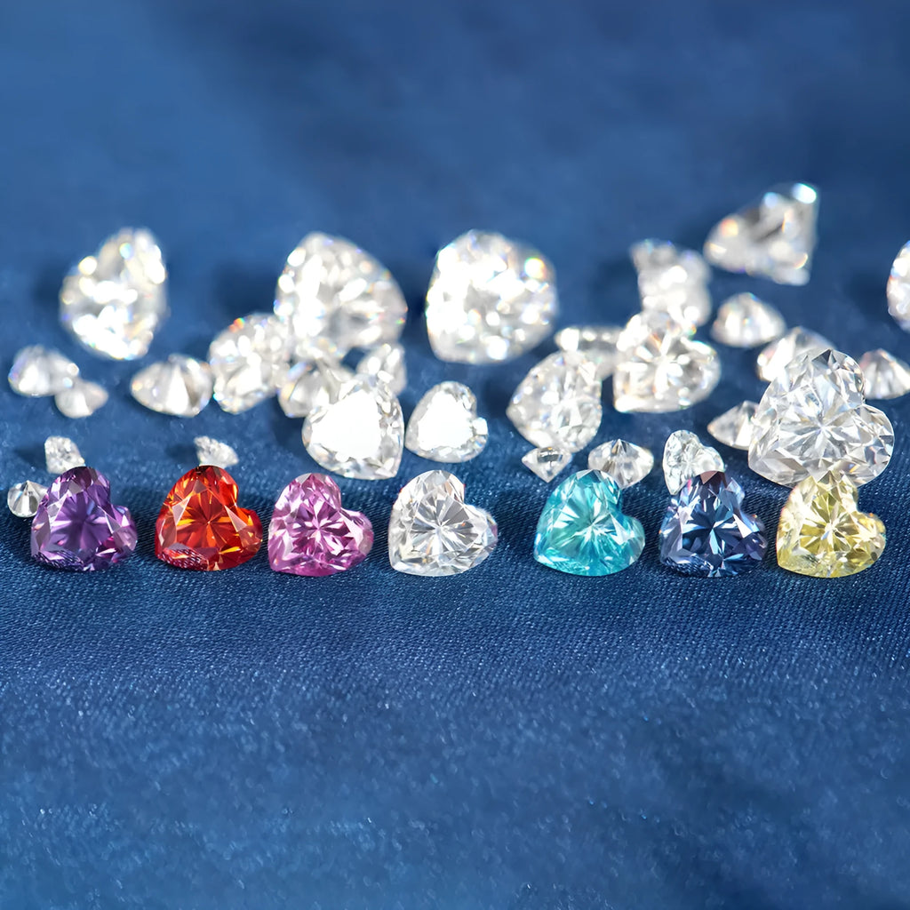 Heart-shaped moissanite gemstone in lemon yellow colour, shown alongside other colour options.