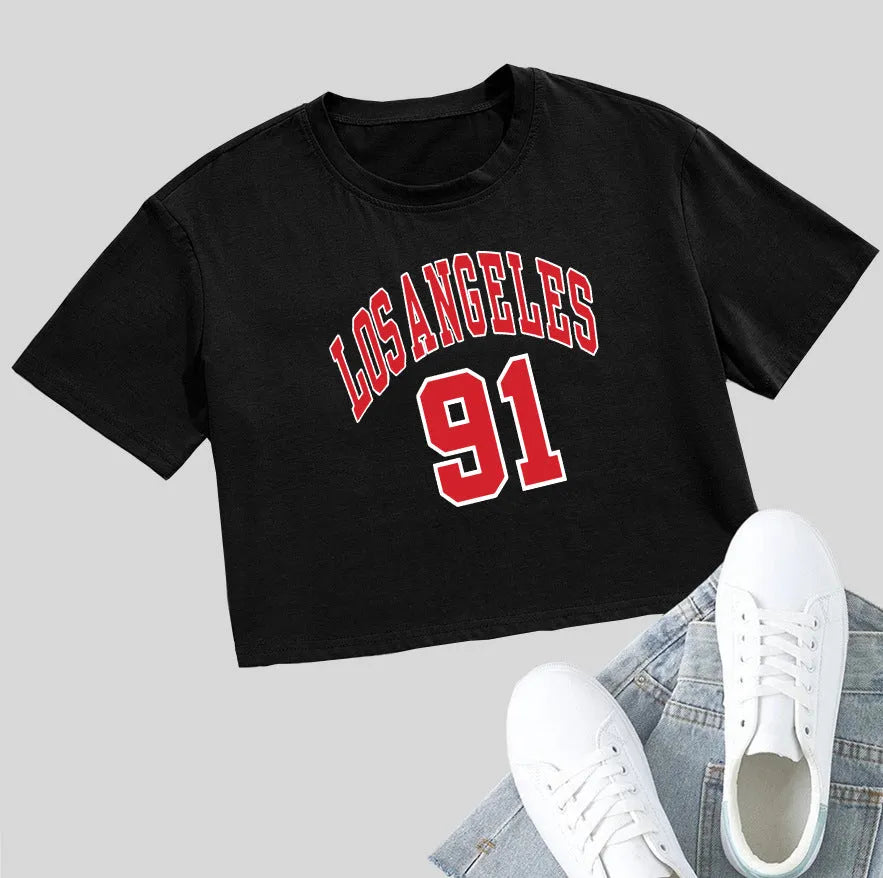 Personalised English letters on black cotton T-shirt with exposed navel design and short sleeves