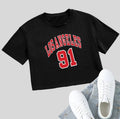 Personalised English letters on black cotton T-shirt with exposed navel design and short sleeves