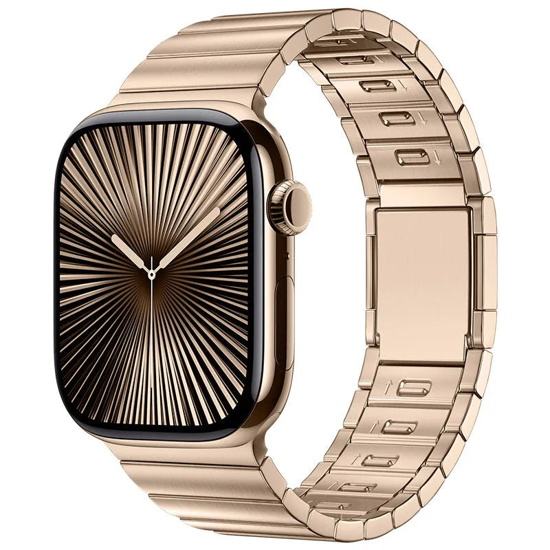 Stainless steel magnetic buckle watch strap for Apple Watch in silver colour showing business style and magnetic clasp