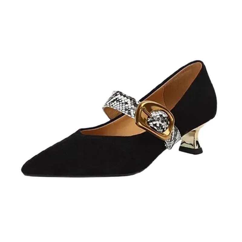 Women's black pointed toe stiletto heels with a buckle fastening on the side