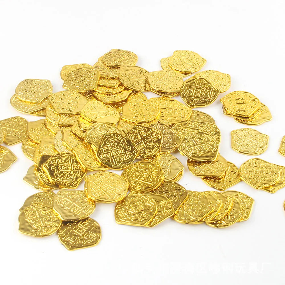 100 electroplated plastic Roman coin replicas in gold, silver, and bronze finishes for treasure chests and costumes.