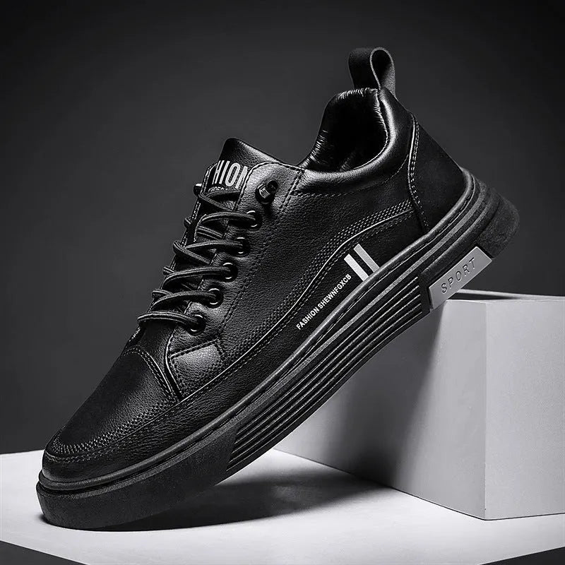 Men's white and black microfiber skateboard shoes with elastic band closure and rubber sole