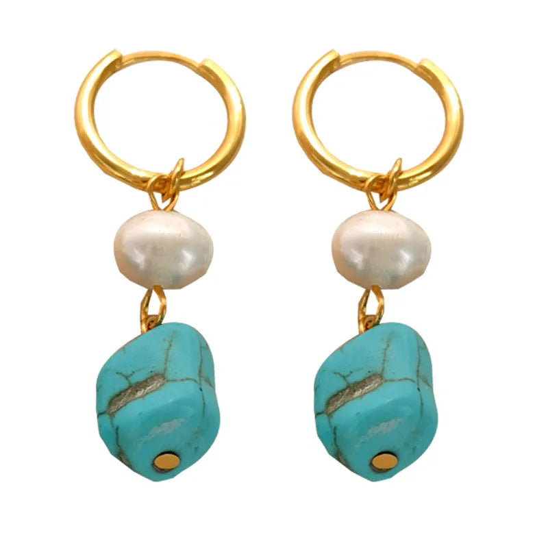 Copper geometry earrings with irregular turquoise stones and cultured pearls in short and long styles