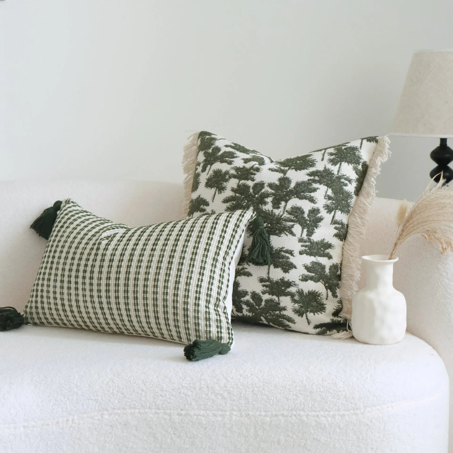 Green cotton and linen hotel sample pillow with silk floss filler in striped and botanical patterns