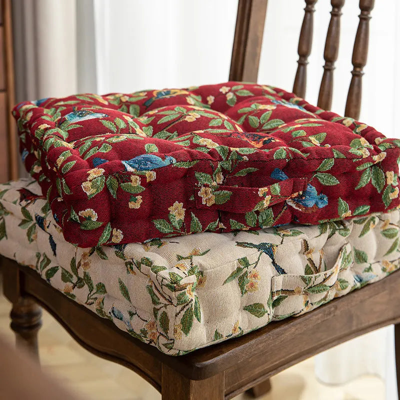 American dining chair cushion with plant pattern in multiple colours showing 40×40×8cm dimensions