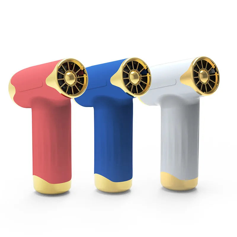 Blue handheld portable turbofan with brushless motor showing rotation and humidification functions