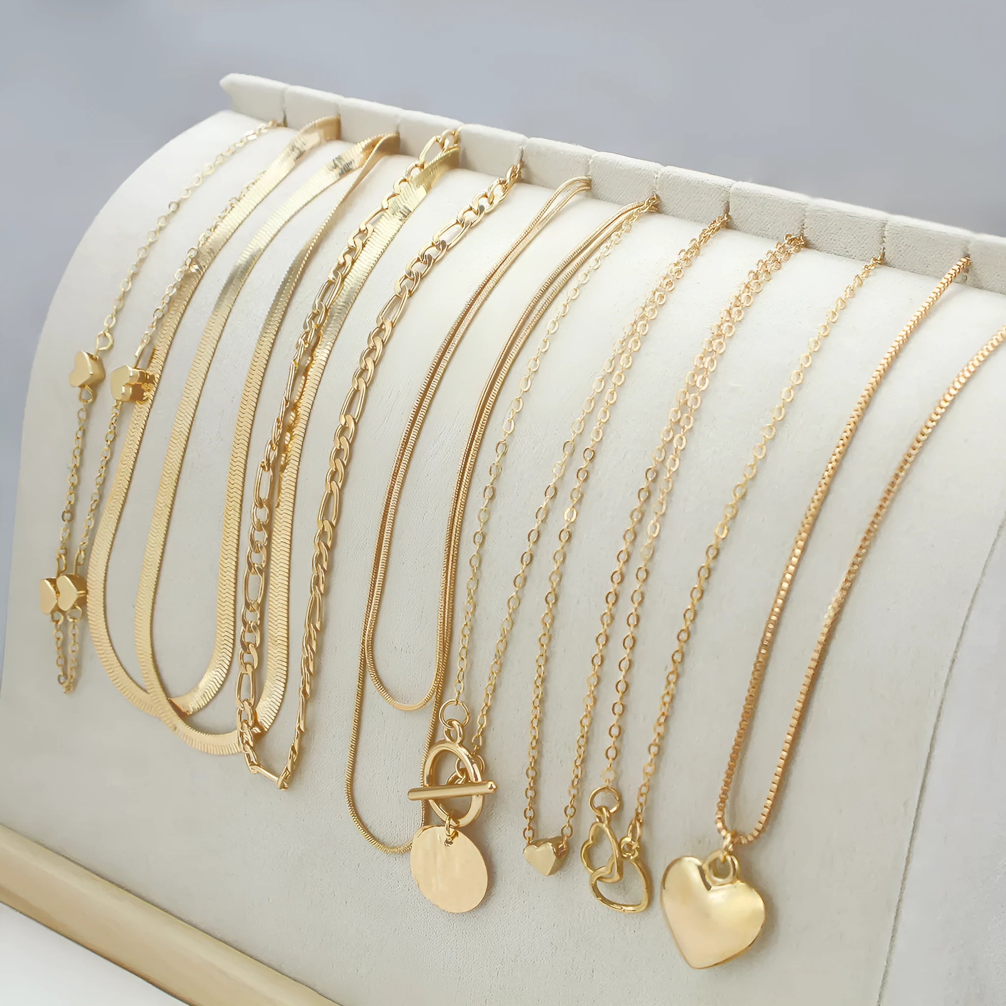 Women's gold electroplated ten-piece necklace set with snake bones chains and adjustable 21-50cm perimeter