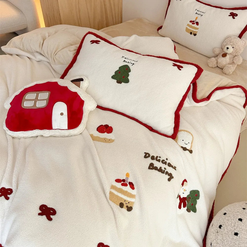 Girls cartoon winter Christmas themed bedding four-piece set showing Snow Buddy Milk Pastry print on duvet cover and pillowcases.