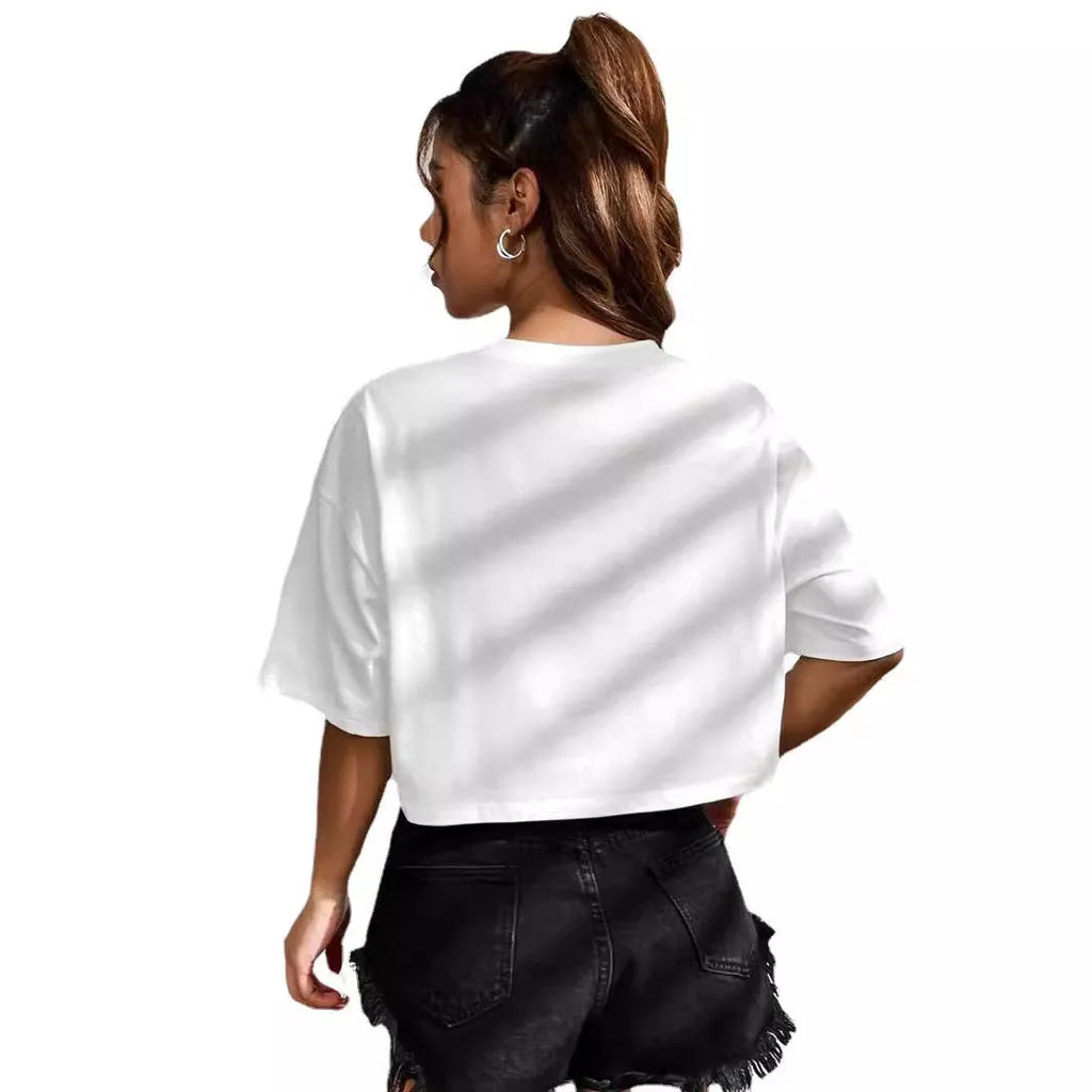Personalised English letters on black cotton T-shirt with exposed navel design and short sleeves