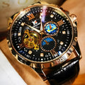 Men's automatic mechanical watch with hollow dial, rose gold case, black leather strap.