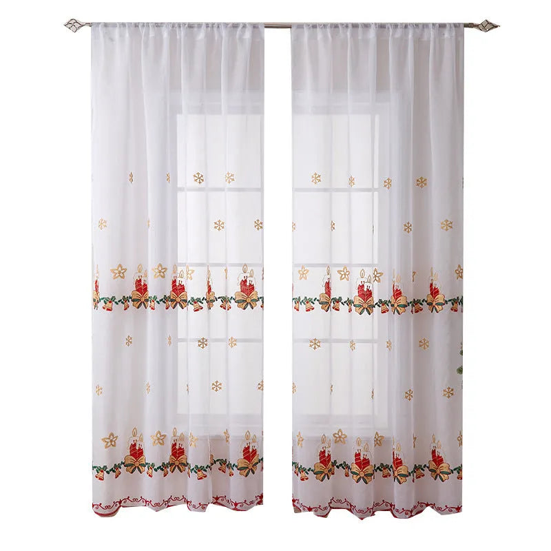 American Christmas curtain with white snowflake embroidery on red fabric, hanging as a pair.