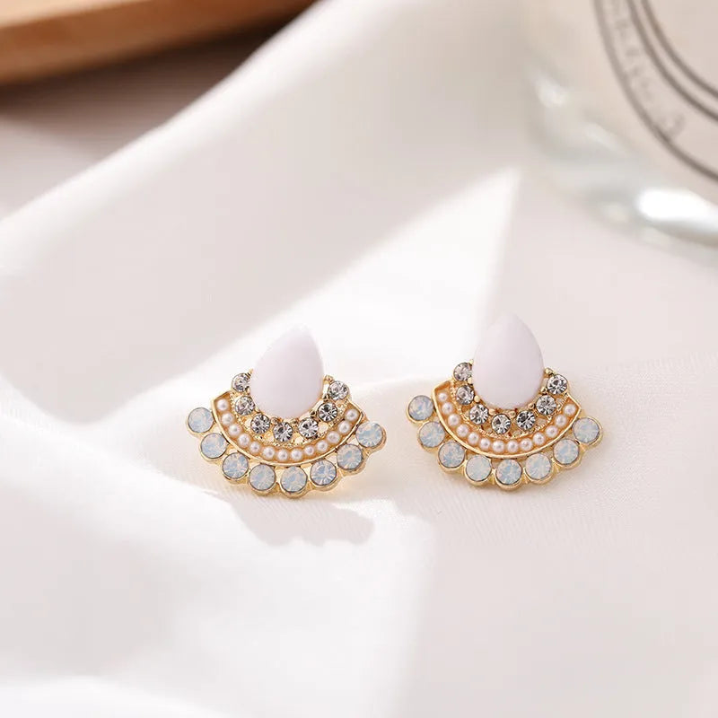 Women's retro fan-shaped geometric earrings with electroplated sterling silver finish and opal rhinestone accents