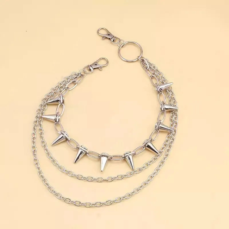Silver metal punk pants chain, 115cm long, shown fastened to a pair of jeans.