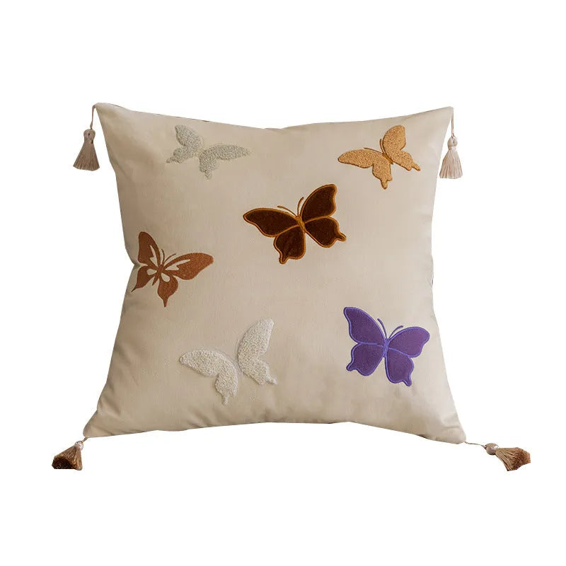 Square butterfly embroidery couch pillow with Chinese pattern in beige, black, or purple