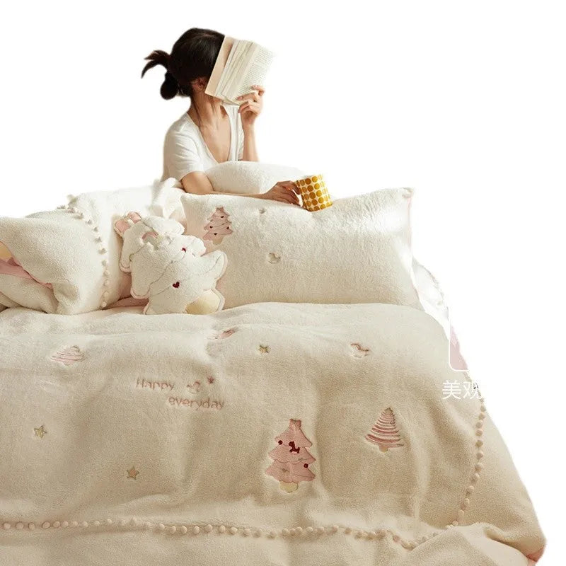 Winter milk fibre bedding four-piece set with Christmas tree pattern on quilt and pillowcases