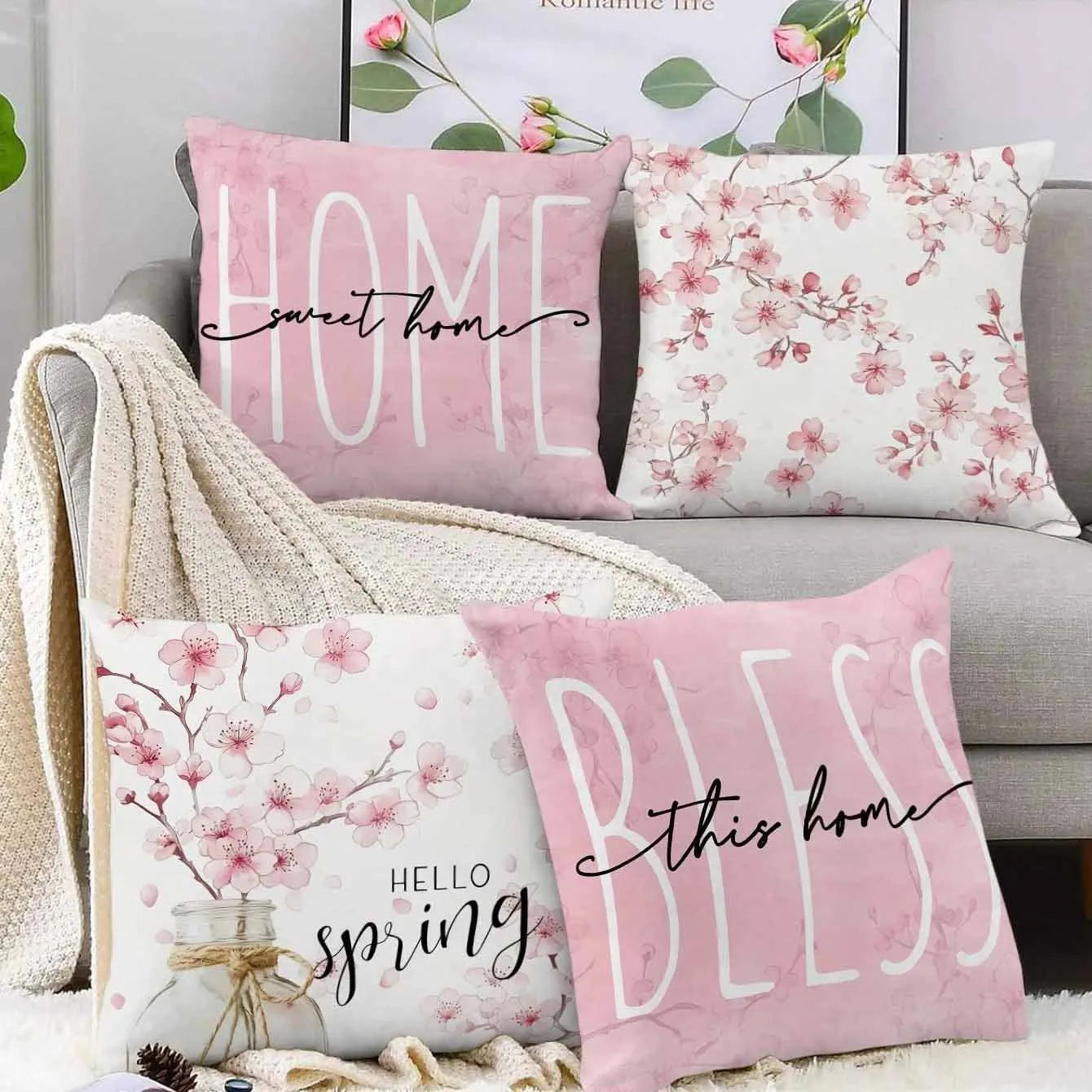 Square cherry blossom pattern velvet cushion cover measuring 45 by 45 centimetres