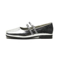 Women's silver Mary Jane ballet flats with cross buckle strap and genuine leather upper