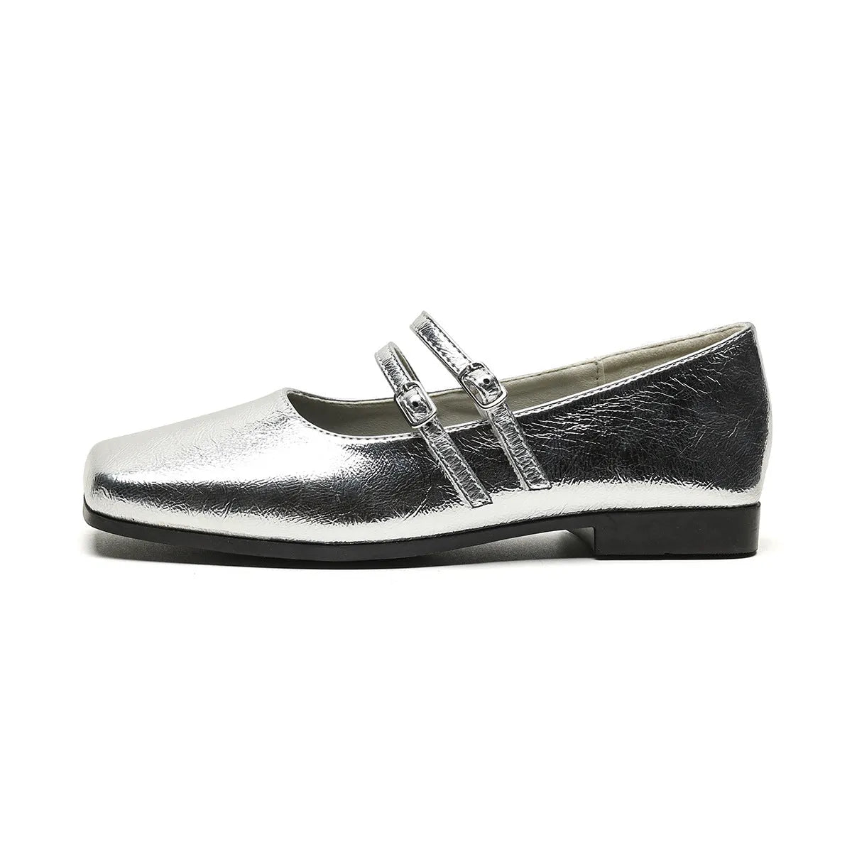 Women's silver Mary Jane ballet flats with cross buckle strap and genuine leather upper
