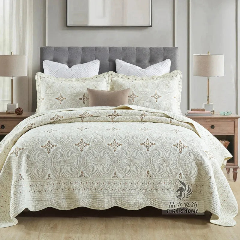 European-style cotton embroidery bed cover three-piece set with embroidered details on pure cotton fabric