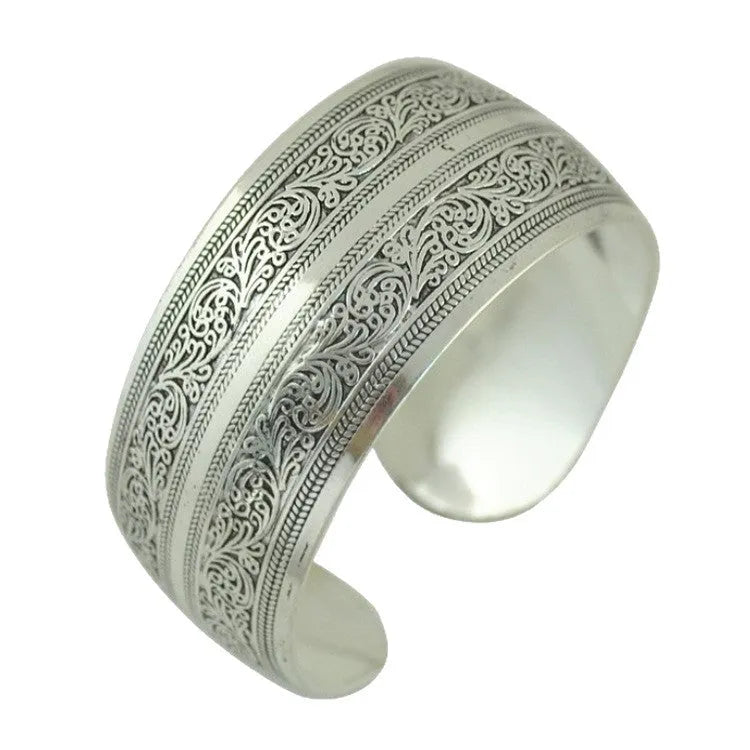 Ethnic Miao silver carved open bracelet with Roman shape in antique turtle colour