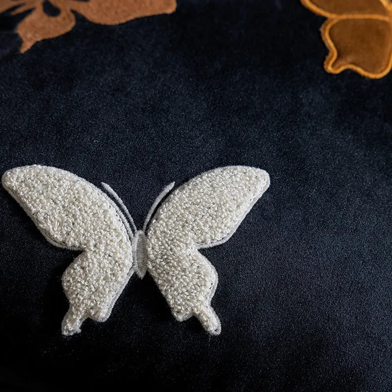 Square butterfly embroidery couch pillow with Chinese pattern in beige, black, or purple