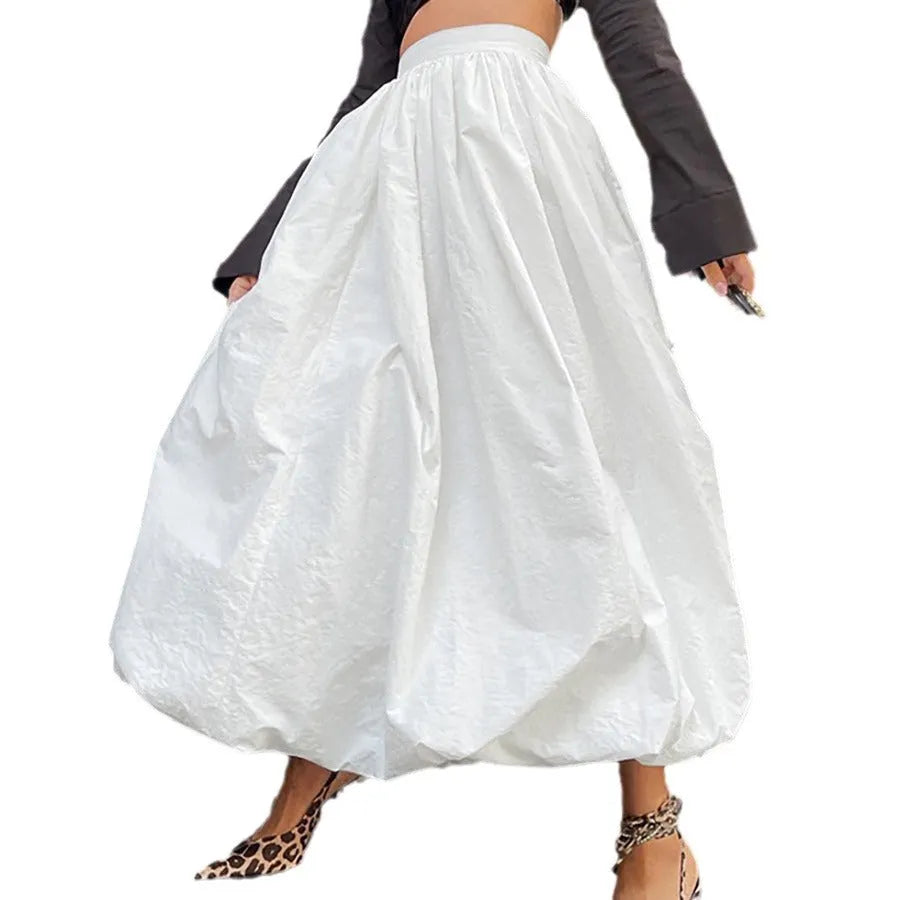 Women's long cotton skirt with elastic waistband in black solid colour