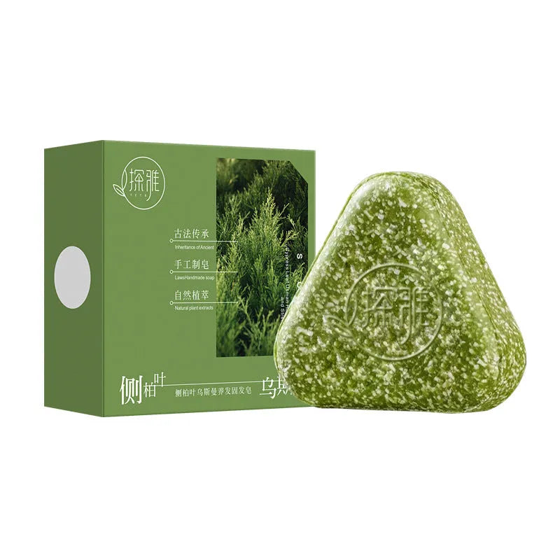 Chinese arborvitae twig Usman herbal hair and face soap bar measuring 4.2x3.9x1.2cm