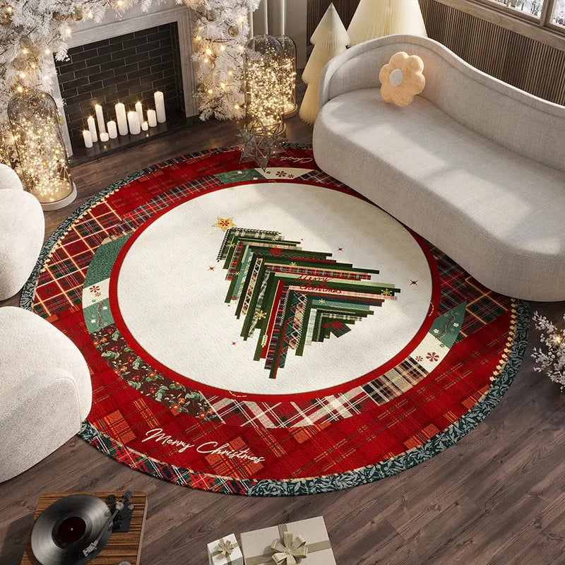 Round red Christmas polyester floor carpet with festive design and non-slip base
