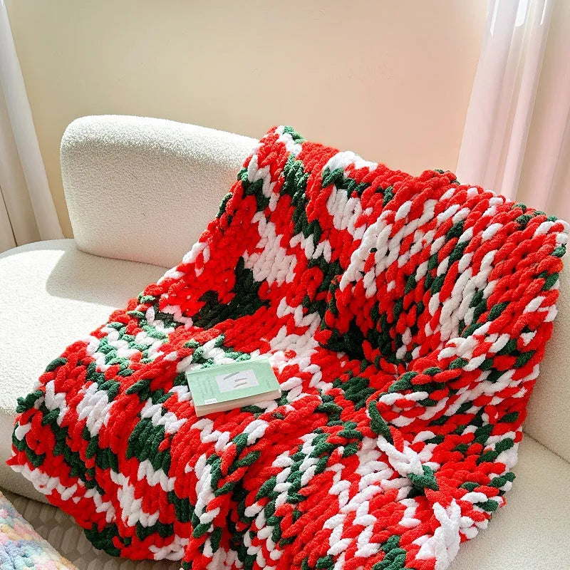 Handmade thick chenille blanket with ice bar striped pattern in a choice of colours, shown laid flat.