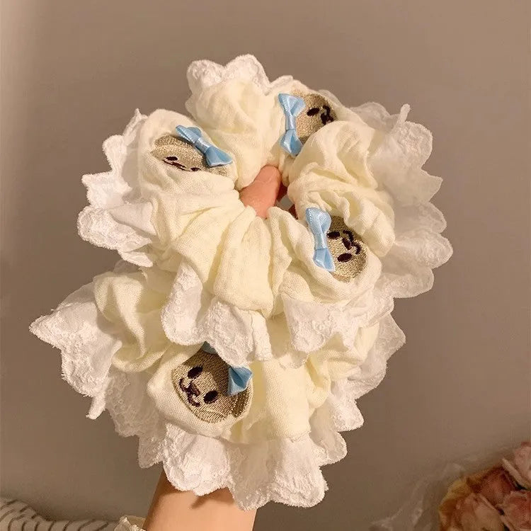 Blue bear bow lace elastic cloth hair ring large intestine style hair accessory